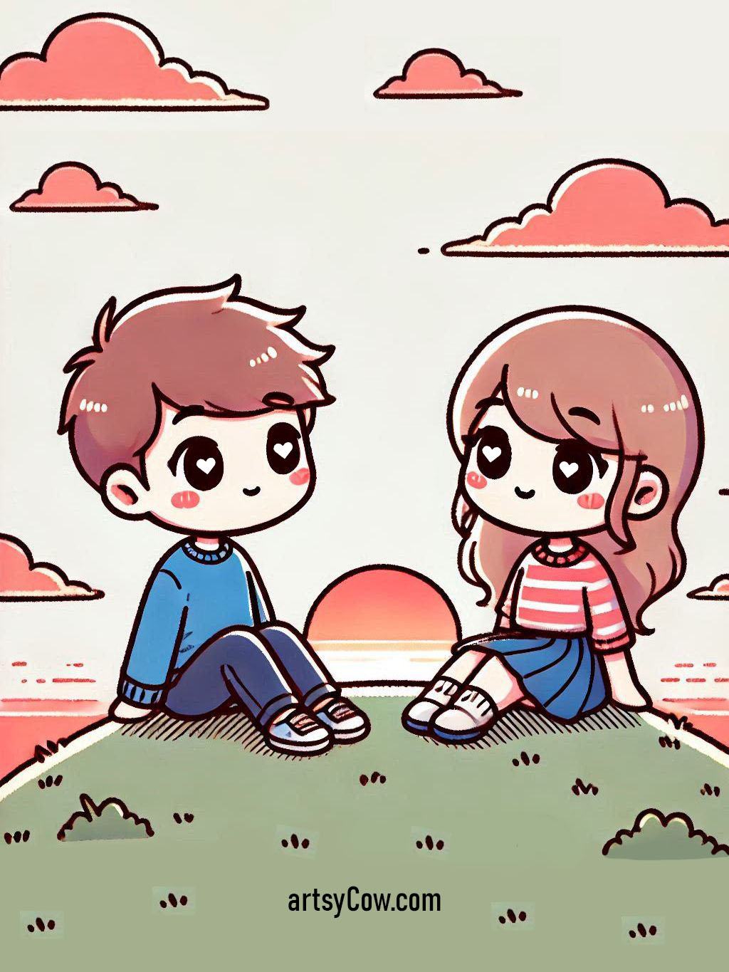 valentines drawings with couple sitting on a hill watching a beautiful sunset together.
